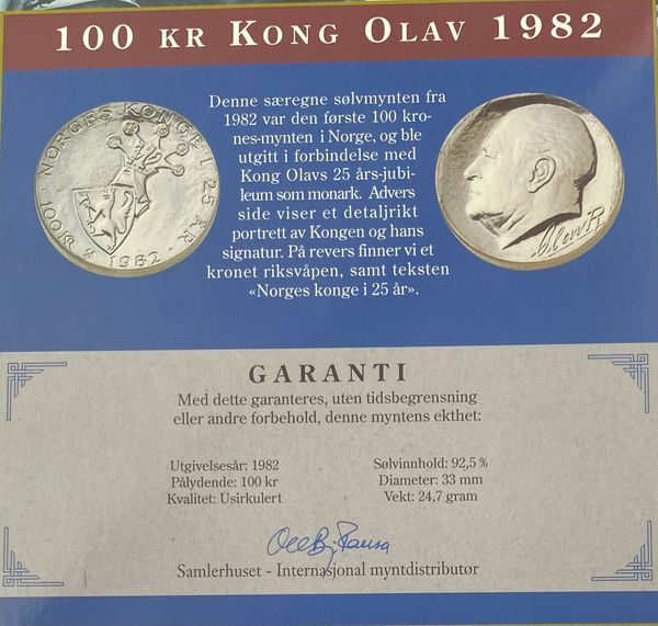 Hovedbilde 100 kr Kong Olav 1982 i pappomslag