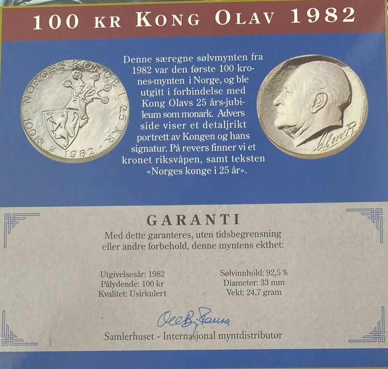 100 kr Kong Olav 1982 i pappomslag