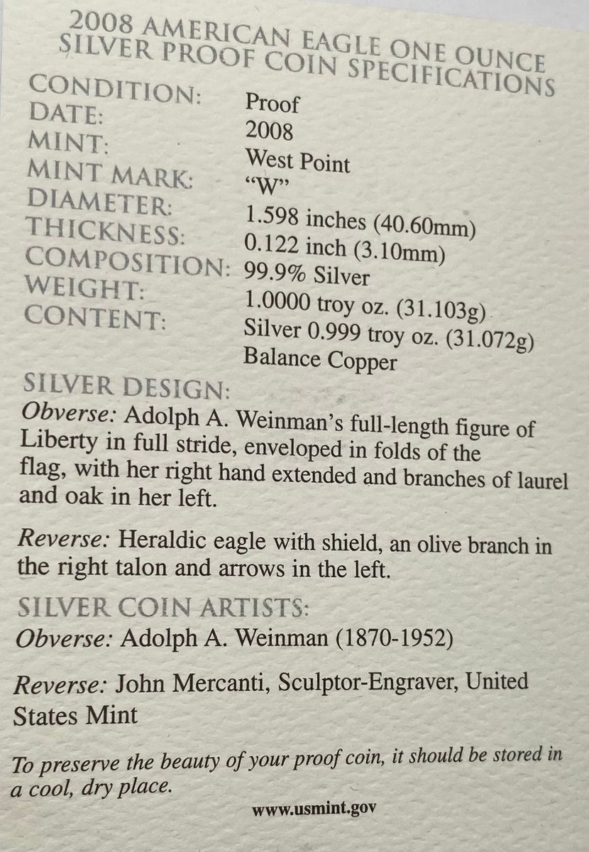 USA:1 dollar 2008 American Eagle i etui med dokumentasjon.